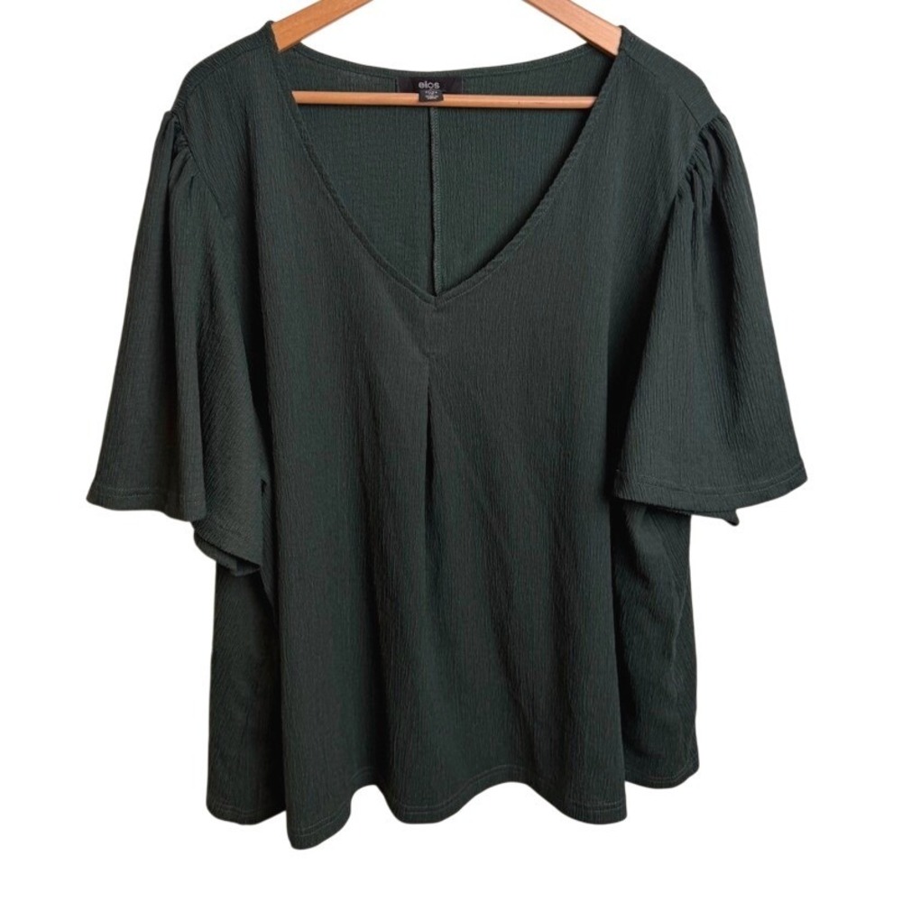 Ellos Womens Dark Green Blouse‎ V-Neck Pleated 1X Plus Textured Top Casual Lux